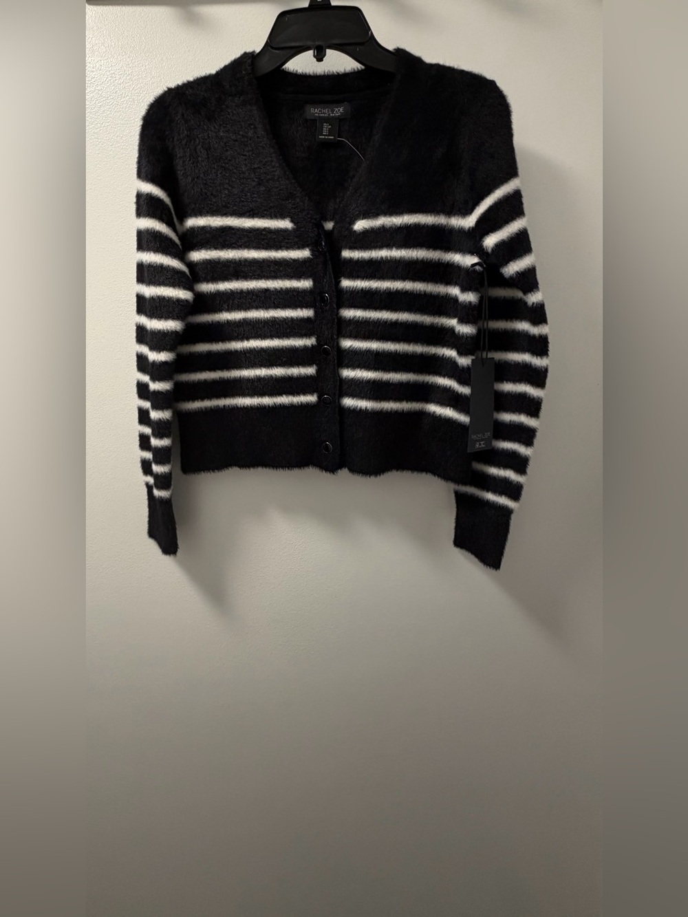 NWT Rachel Zoe Black Ivory Fuzzy Striped Cardigan Size S